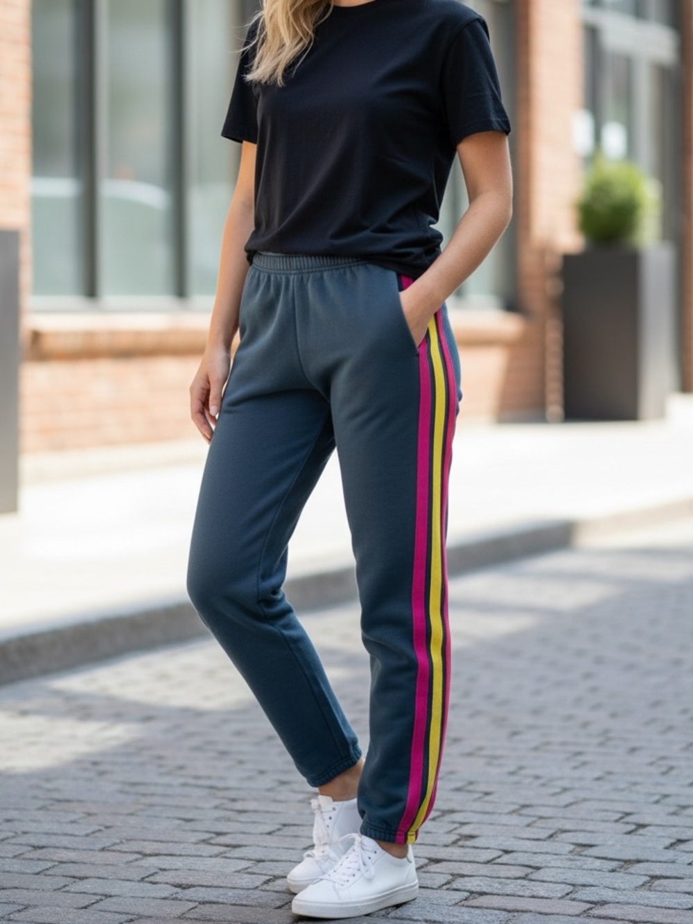 NATURAL LIFE Navy Sweatpants with Pink & Rainbow Side Stripes